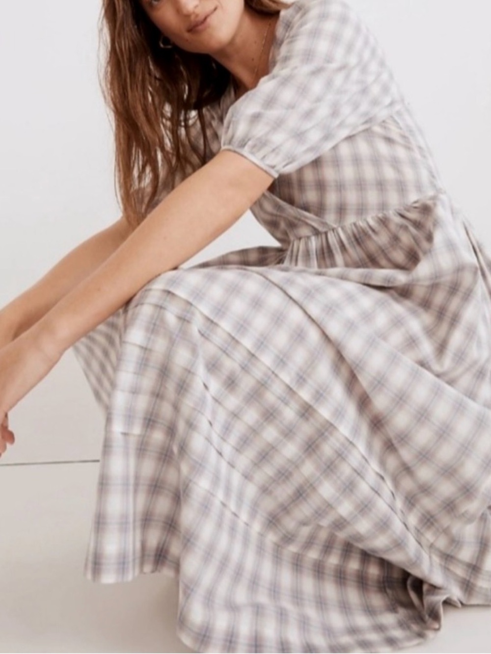 Madewell Marianna Puff Sleeve Midi Dress Lavender Plaid Size Small